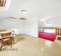 Attic interior of a family house, light wooden decor flooring, dining table.