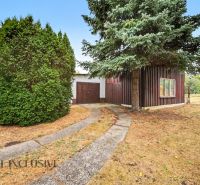 A family house in Lipové with a garden, an asphalt path, and coniferous trees on the grassy yard.