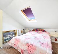 Attic room in a family house with a bed, a skylight, and a painting leaning against the wall.