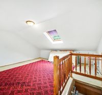 The attic of a family house with a red carpet and a skylight.