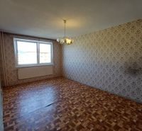 A room with wallpaper and a wooden decor floor in a studio apartment.