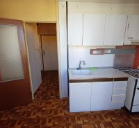 A kitchen in a studio apartment with a wood-patterned floor and white cabinetry.