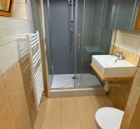 Bathroom with a toilet, shower, sink, and tiles in a cabin with a wooden decor floor.