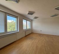 Spacious offices with wood-decor flooring and large windows.