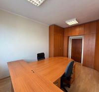 Office with desks and storage space, floor with wood decor.