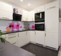 Corner kitchen in a family house with flower decor on the wall and storage space.