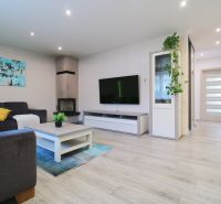 Living room of a family house with a fireplace and a wooden decor floor.