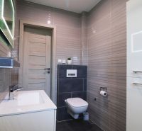A bathroom with a sink and a mirror in a family house, elegant tiles and accessories.