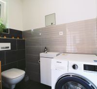 A bathroom with a washing machine and toilet in a family house, a simple and practical solution.