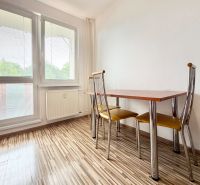 Dining room with wood-patterned flooring, table, and chairs in a two-room apartment.