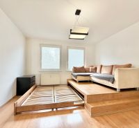 Living room in a two-room apartment with a sofa on a wooden platform and a floor with a wooden decor.