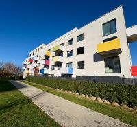 The exterior of the building on Hornostavska in Nitra, colorful balconies and a maintained lawn.
