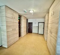 A hallway with a wooden decor floor and wardrobes in a 2-room apartment.