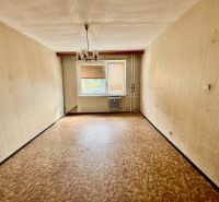 Living room in a two-room apartment, light walls, window with radiator, floor with wood decor.