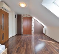 Attic room with wooden decor flooring and skylights in a 2-room apartment.