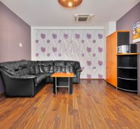Living room with a sofa and a wooden decor floor in a 2-room apartment.