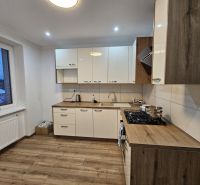A kitchen in a 2-room apartment with white cabinets and a wooden decor floor.