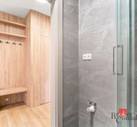 Storage space with hanging hooks in a two-room apartment, floor with wooden decor.