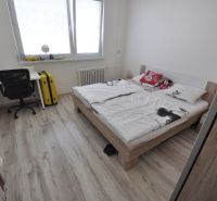 Bedroom with a double bed, a desk, and a floor with a wood decor.