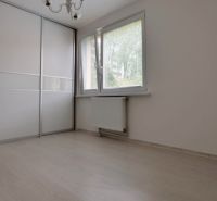 A room in a 3-room apartment, white wardrobe, wood-patterned floor, large window.