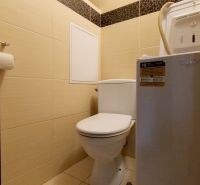 Bathroom with toilet and washing machine in a 3-room apartment, light wall tiles.