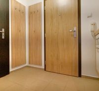 Entrance hallway with wood-patterned flooring and a coat rack in a 3-room apartment.