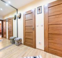Entrance hall with wood-patterned flooring, mirrored wardrobe, and brown doors in a 2-room apartment.