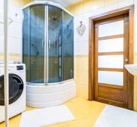 Bathroom with a washing machine, shower, and wooden door in a 2-room apartment.