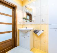 A bathroom in a 2-room apartment with wooden doors, a mirror, and yellow tiles.