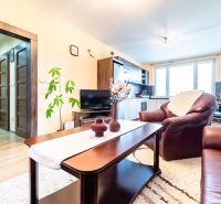 Living room with leather furniture in a 2-room apartment with wood-patterned flooring.