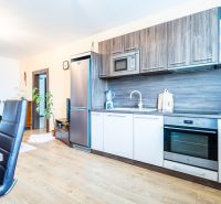 A kitchen in a 2-room apartment with a wooden decor floor and modern furniture.
