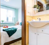 A view into the bathroom and bedroom in a two-room apartment with a wooden decor floor.