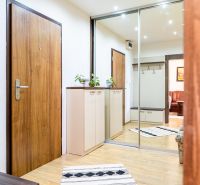 Entrance hallway in a 2-room apartment, with a mirrored wardrobe and a wooden decor floor.
