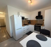 A kitchen in a 2-room apartment with a white kitchen unit and a floor with a wood decor.