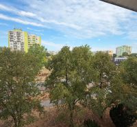 View of urban greenery, apartment buildings, and the road on Nábrežná Street in Nové Zámky.