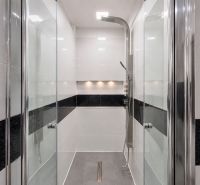 A shower corner in a 3-room apartment with a large showerhead and black tiles.
