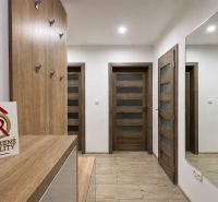 A hallway with wood-patterned flooring, a mirror, and doors in a 3-room apartment.
