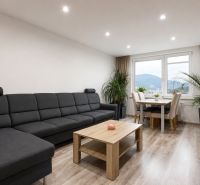 Living room in a 3-room apartment with a sofa, dining table, and wooden decor flooring.