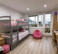 Children's room with a bunk bed, a desk, and a floor with a wooden decor.