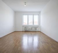 An empty room in a two-room apartment with a wood-patterned floor and a large window.