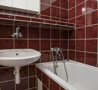 A bathroom in a 2-room apartment with dark tiles, a sink, and a bathtub.