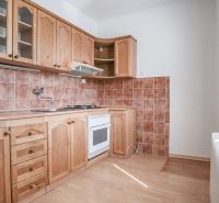 A kitchen in a 2-room apartment with wooden decor and brown tiles.