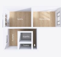 Floor plan of a 2-room apartment with a kitchen, bedroom, living room, and flooring with a wooden decor.