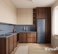 A kitchen in a 2-room apartment with wooden decor and blue tiles.