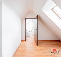 An attic room of a 3-room apartment with a wooden decor floor and a skylight.