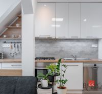 A kitchen corner in a 3-room apartment with plants and cabinets with a glossy finish.