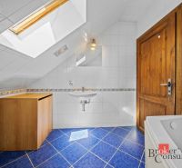 A bathroom with a sloped ceiling, blue floor, wooden door, and cabinet.