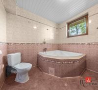 A bathroom in a family house with a corner bathtub and a side window.