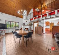 Open living room in a family house with a fireplace and high ceiling.