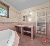 Bathroom with a bathtub, sink, and radiator, tiled with a window.